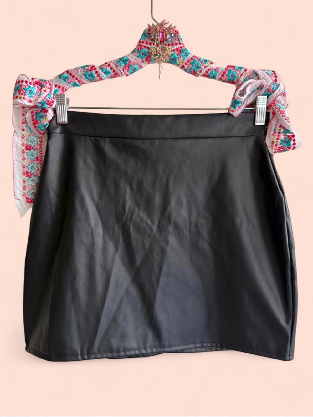 Classic Black Faux Leather High Waisted Mini Skirt L